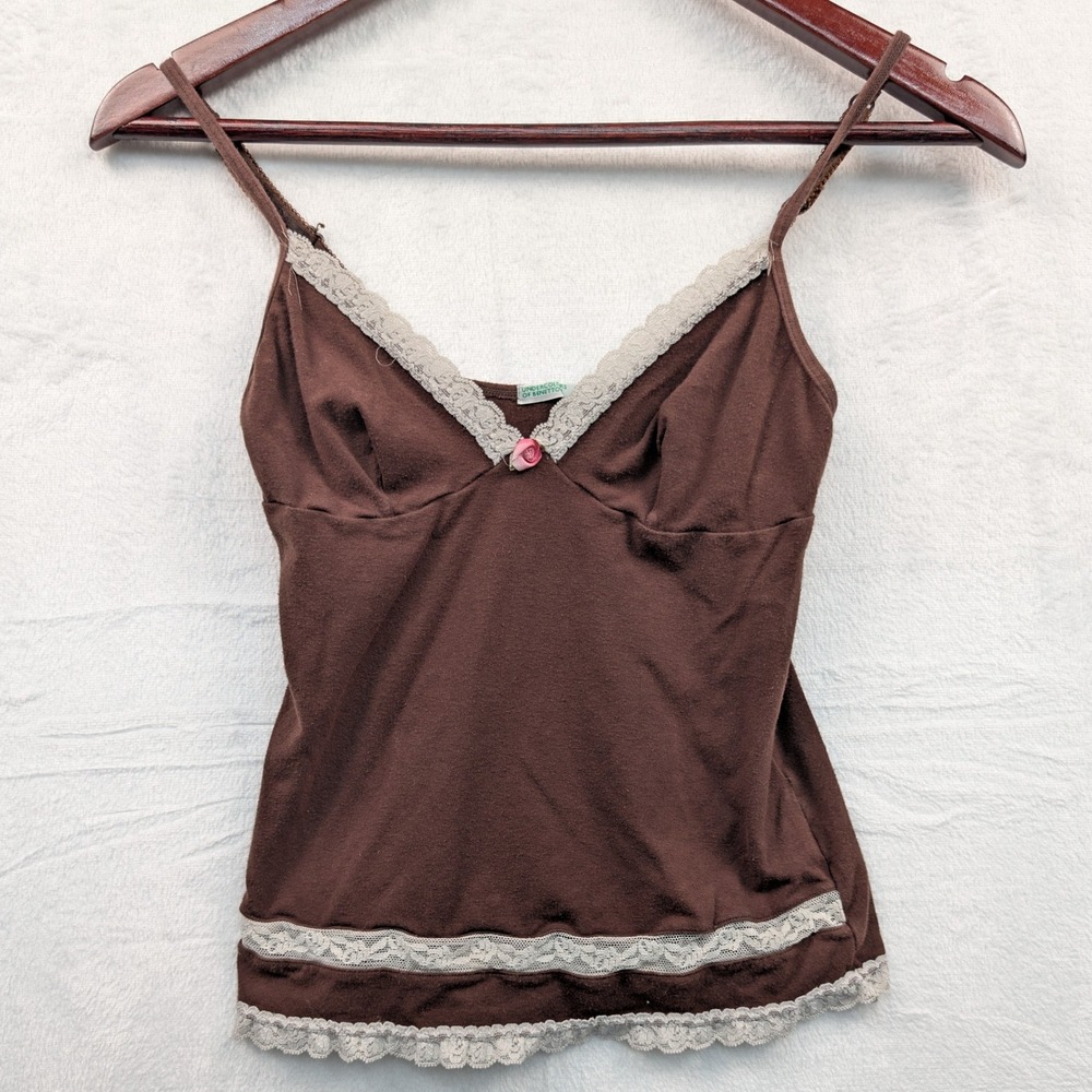 VTG Camisole Women's Small Brown Lace V-Neck Rosette McBling Fairy Grunge Y2K